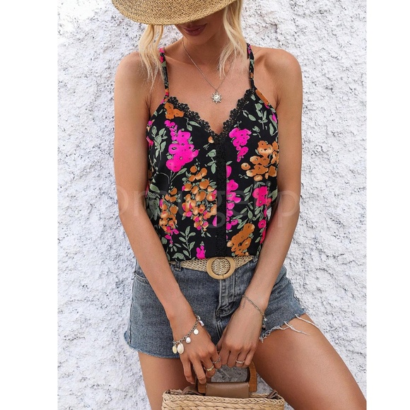 Lace Detail Multicolor Floral Print Cami Top Spaghetti Straps Black Pink - Picture 2 of 8